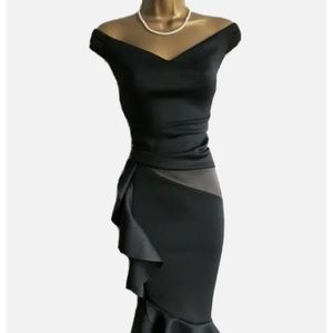 Lipsy Black Bodycon Dress 18 Bardot Ruffle Satin Panel Party Evening Wedding NWT